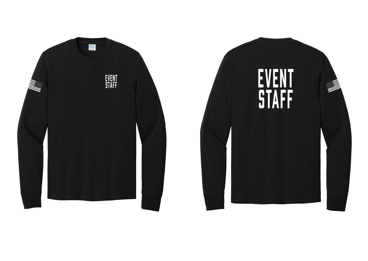 NYC Factory Event Staff Cotton Long Sleeve T-Shirt (Classic) - Chest + Back + US Flag Sleeve - Black