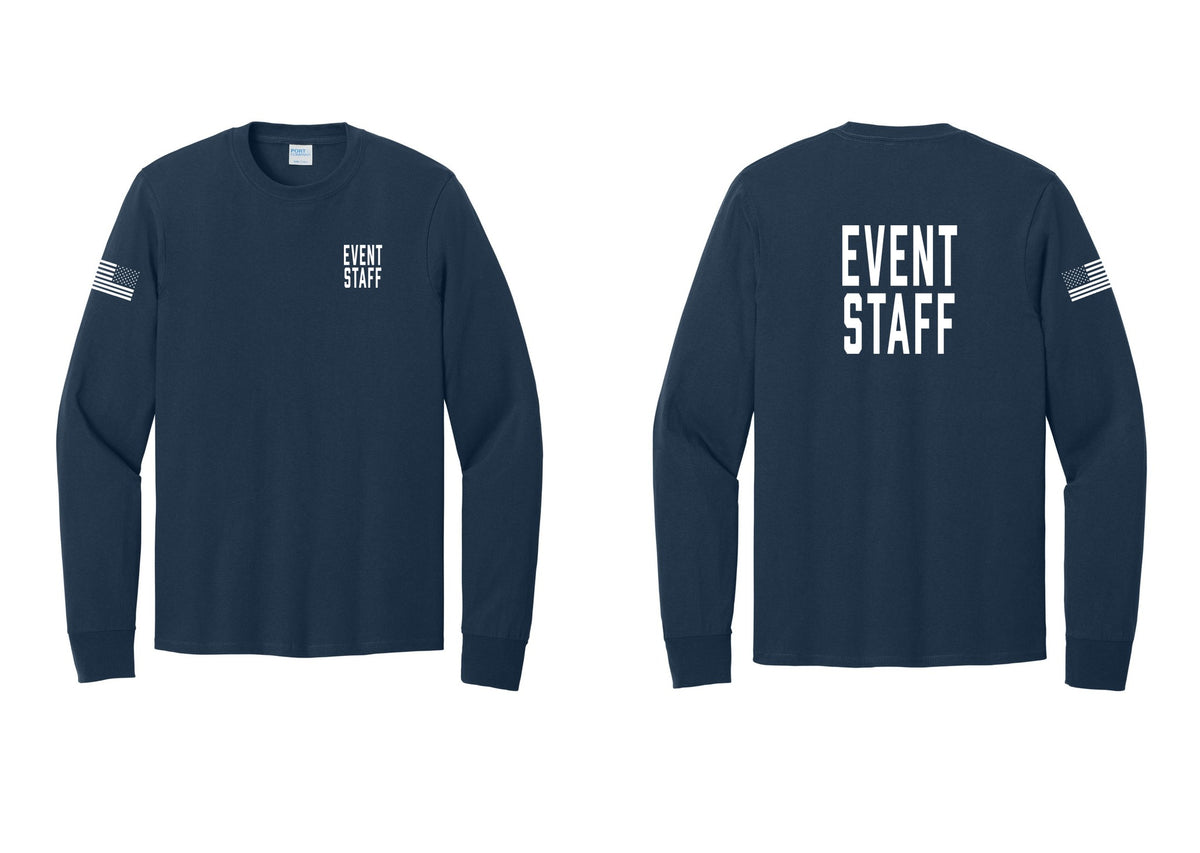 NYC Factory Event Staff Cotton Long Sleeve T-Shirt (Classic) - Chest + Back + US Flag Sleeve - Navy