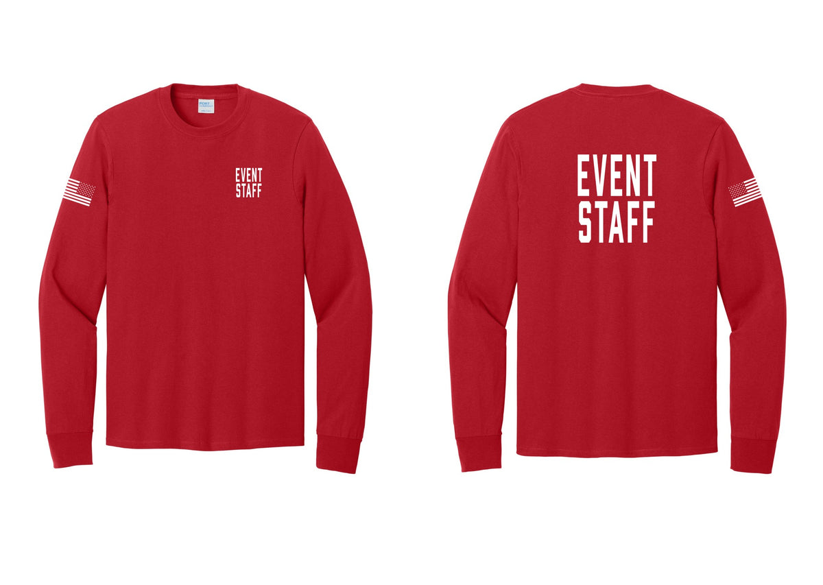 NYC Factory Event Staff Cotton Long Sleeve T-Shirt (Classic) - Chest + Back + US Flag Sleeve - Red