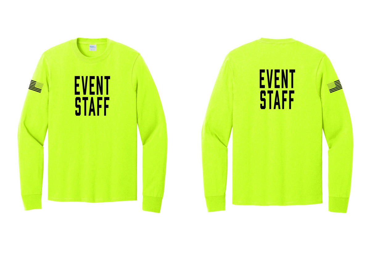 NYC Factory Event Staff Cotton Long Sleeve T-Shirt (Classic) - Front + Back + US Flag Sleeve - Safety Green