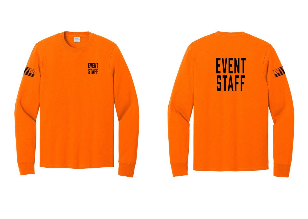 NYC Factory Event Staff Cotton Long Sleeve T-Shirt (Classic) - Chest + Back + US Flag Sleeve - Safety Orange