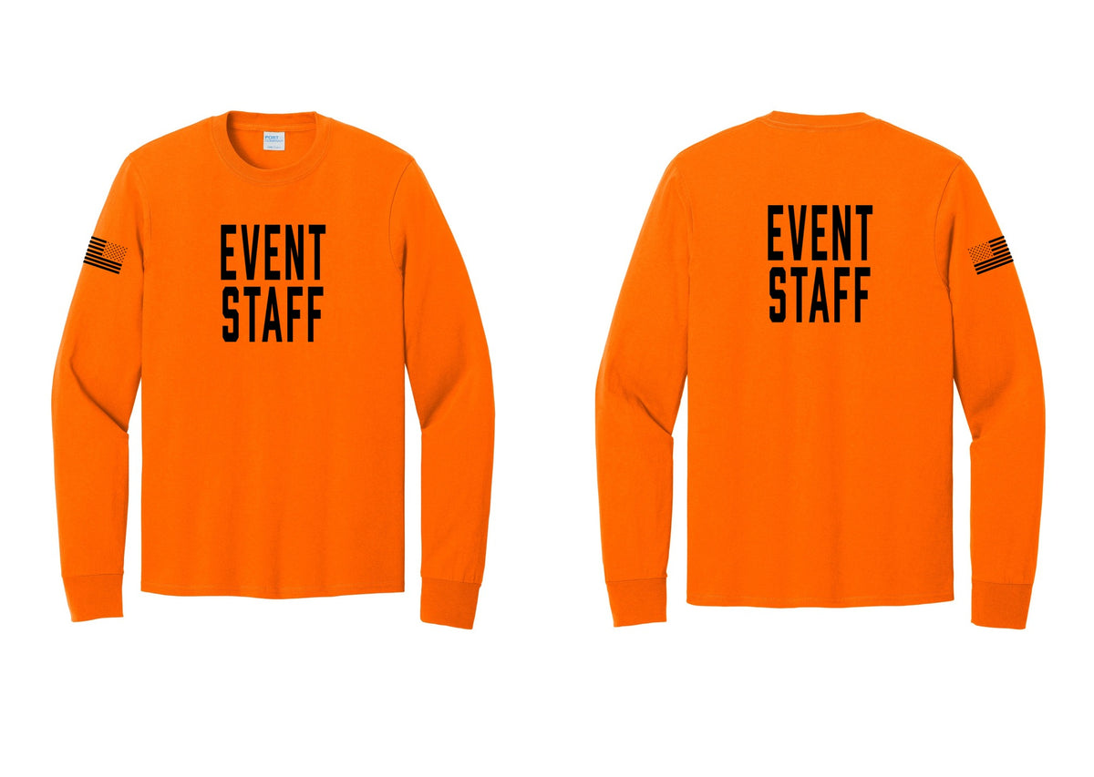 NYC Factory Event Staff Cotton Long Sleeve T-Shirt (Classic) - Front + Back + US Flag Sleeve - Safety Orange