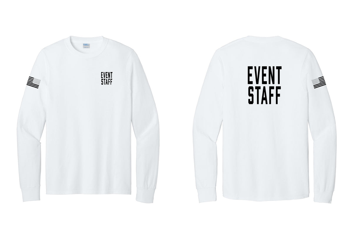 NYC Factory Event Staff Cotton Long Sleeve T-Shirt (Classic) - Chest + Back + US Flag Sleeve - White