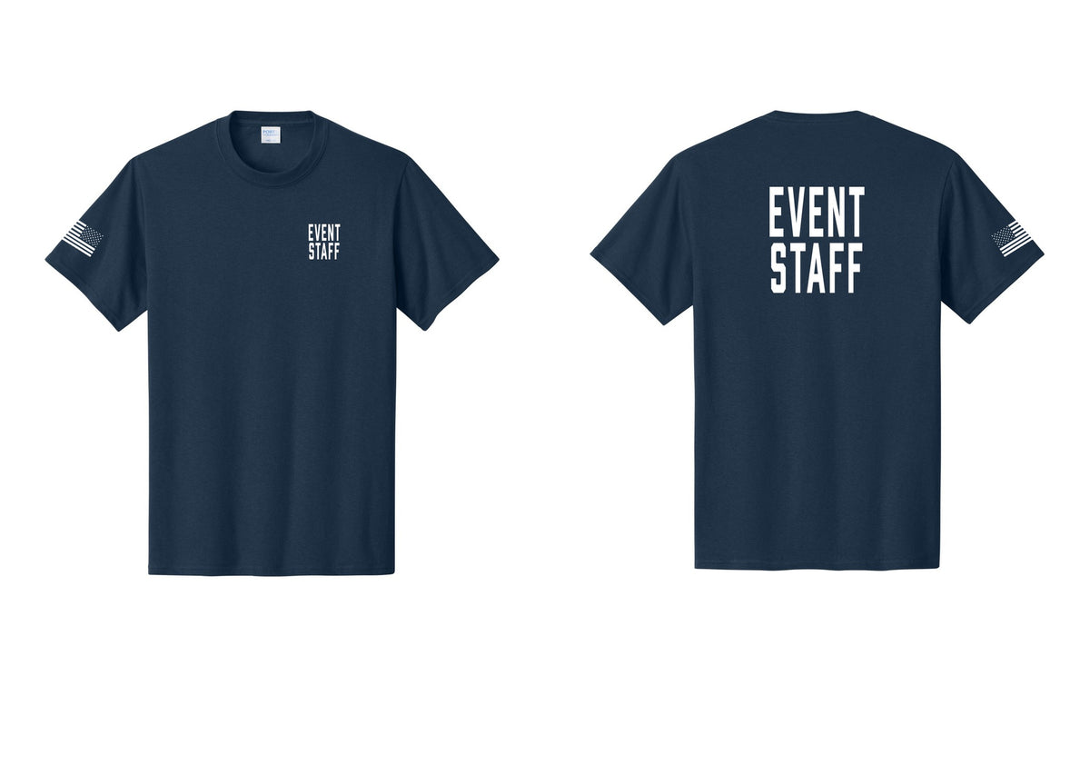 NYC Factory Event Staff T-Shirt, Condensed Lettering - Chest + Back + US Flag Sleeve - Navy