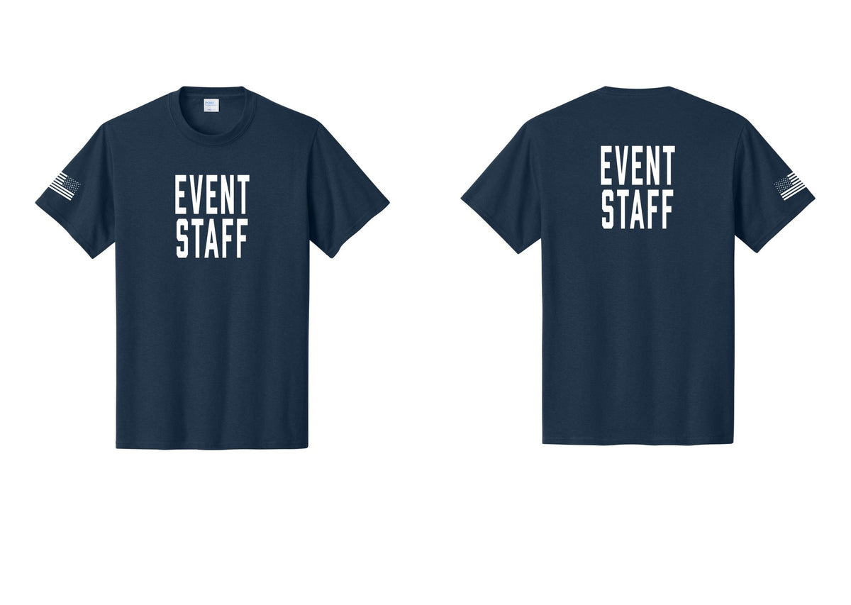NYC Factory Event Staff T-Shirt, Condensed Lettering - Front + Back + US Flag Sleeve - Navy