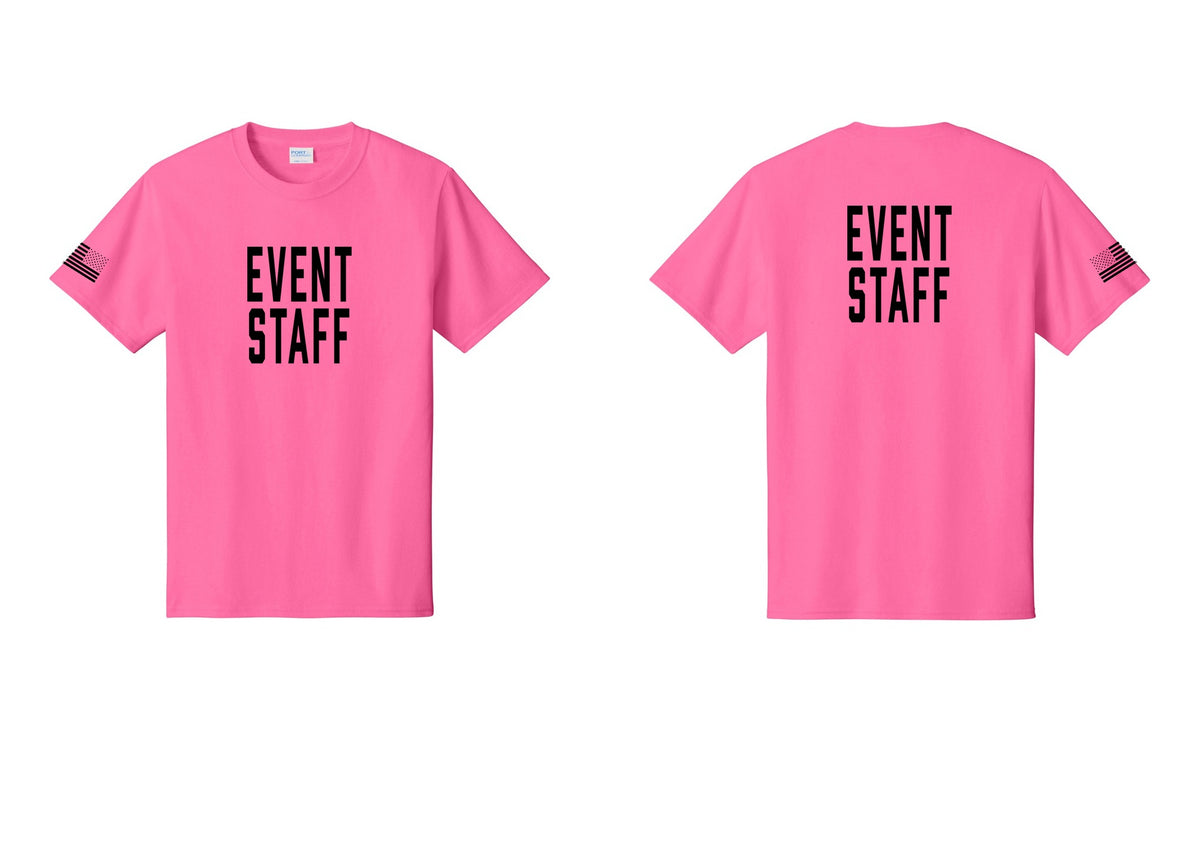 NYC Factory Event Staff T-Shirt, Condensed Lettering - Front + Back + US Flag Sleeve - Neon Pink