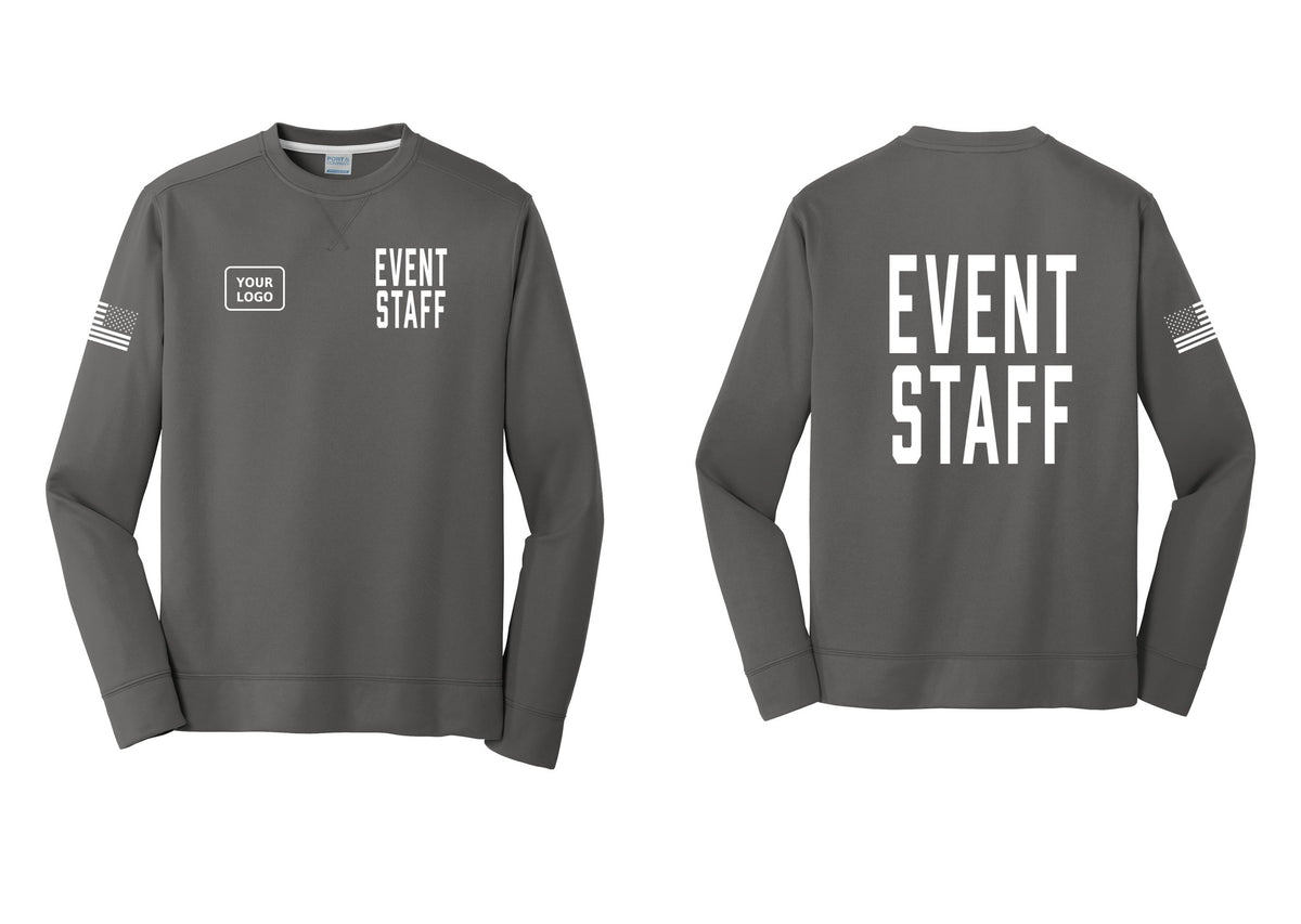 NYC Factory Custom Logo Event Staff Performance Fleece Crewneck Sweatshirt (Classic) - EVENT STAFF + Your Logo + Back + US Flag Sleeve - Charcoal