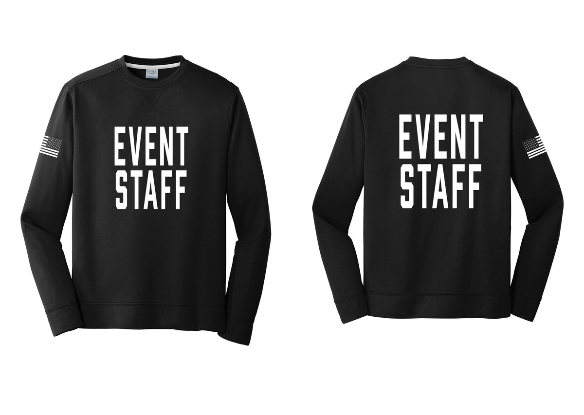 NYC Factory Event Staff Performance Fleece Crewneck Sweatshirt (Classic) - Front + Back + US Flag Sleeve - Black