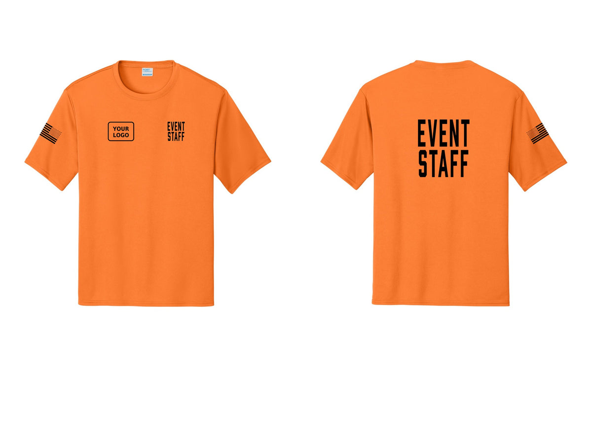 NYC Factory Custom Logo Event Staff Performance T-Shirt (Classic) - EVENT STAFF + Your Logo + Back + US Flag Sleeve - Neon Orange