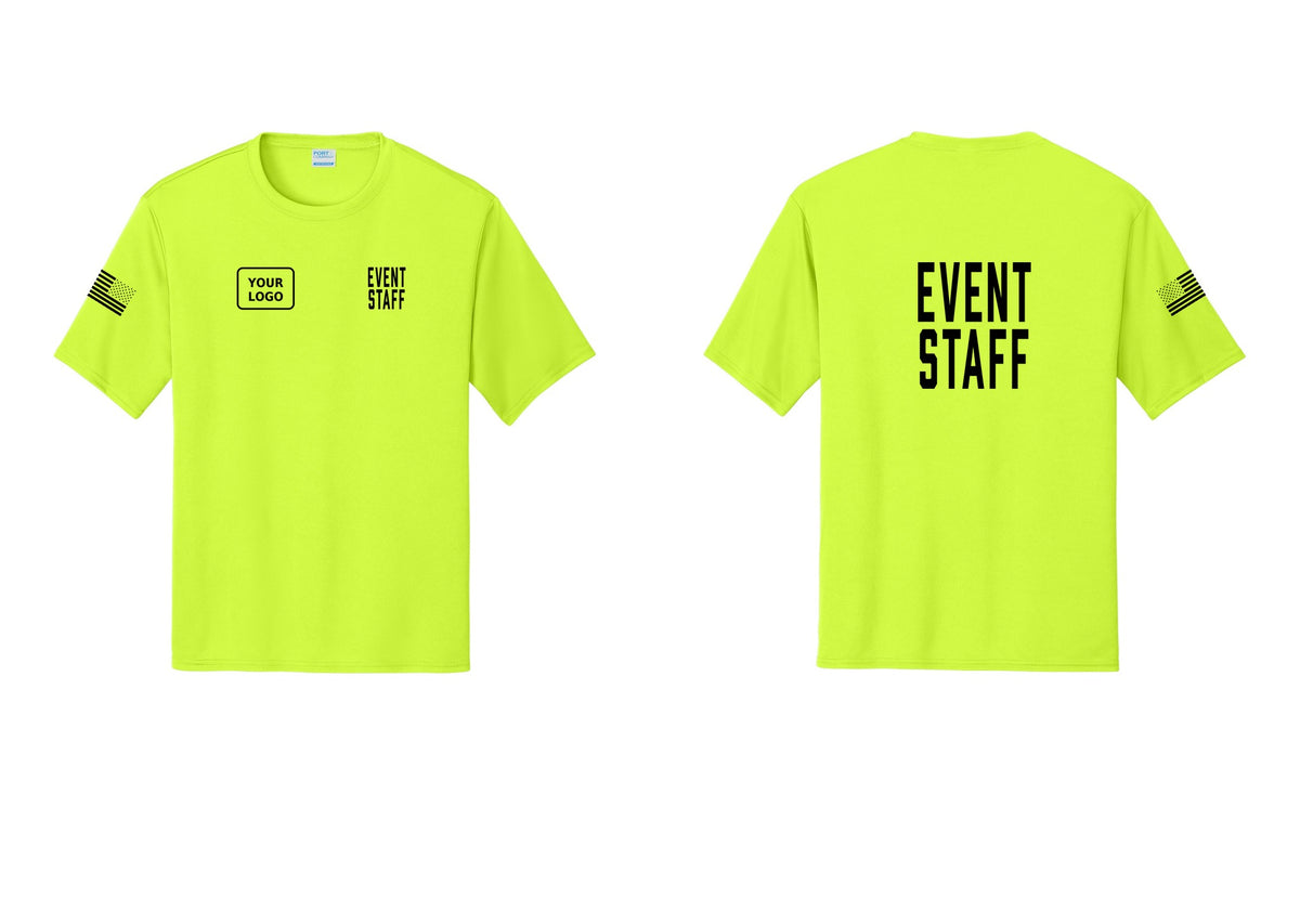 NYC Factory Custom Logo Event Staff Performance T-Shirt (Classic) - EVENT STAFF + Your Logo + Back + US Flag Sleeve - Neon Yellow