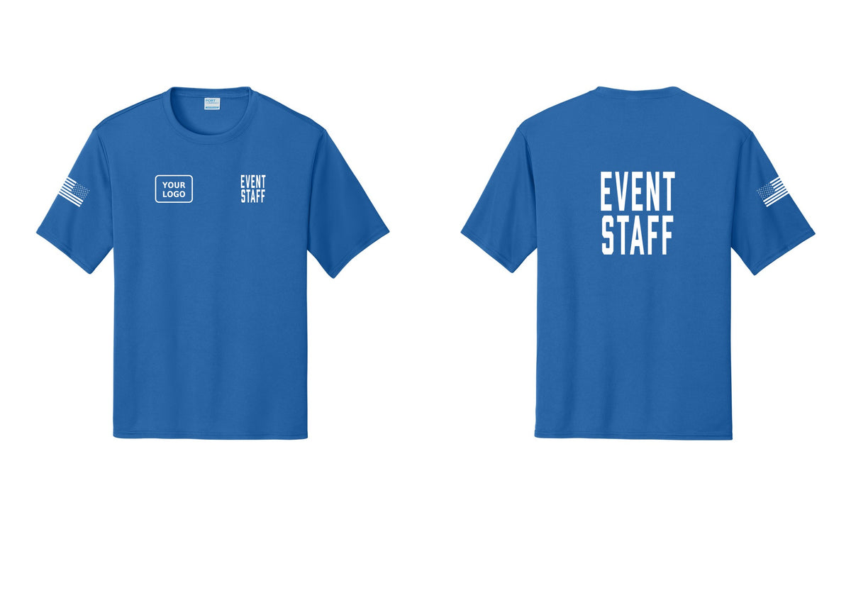 NYC Factory Custom Logo Event Staff Performance T-Shirt (Classic) - EVENT STAFF + Your Logo + Back + US Flag Sleeve - Royal