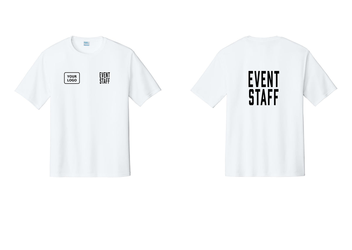 NYC Factory Custom Logo Event Staff Performance T-Shirt (Classic) - EVENT STAFF + Your Logo + Back - White
