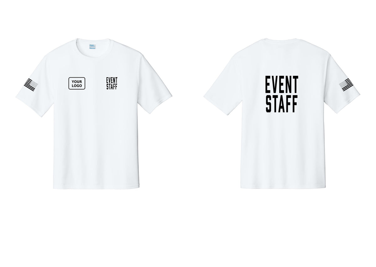 NYC Factory Custom Logo Event Staff Performance T-Shirt (Classic) - EVENT STAFF + Your Logo + Back + US Flag Sleeve - White