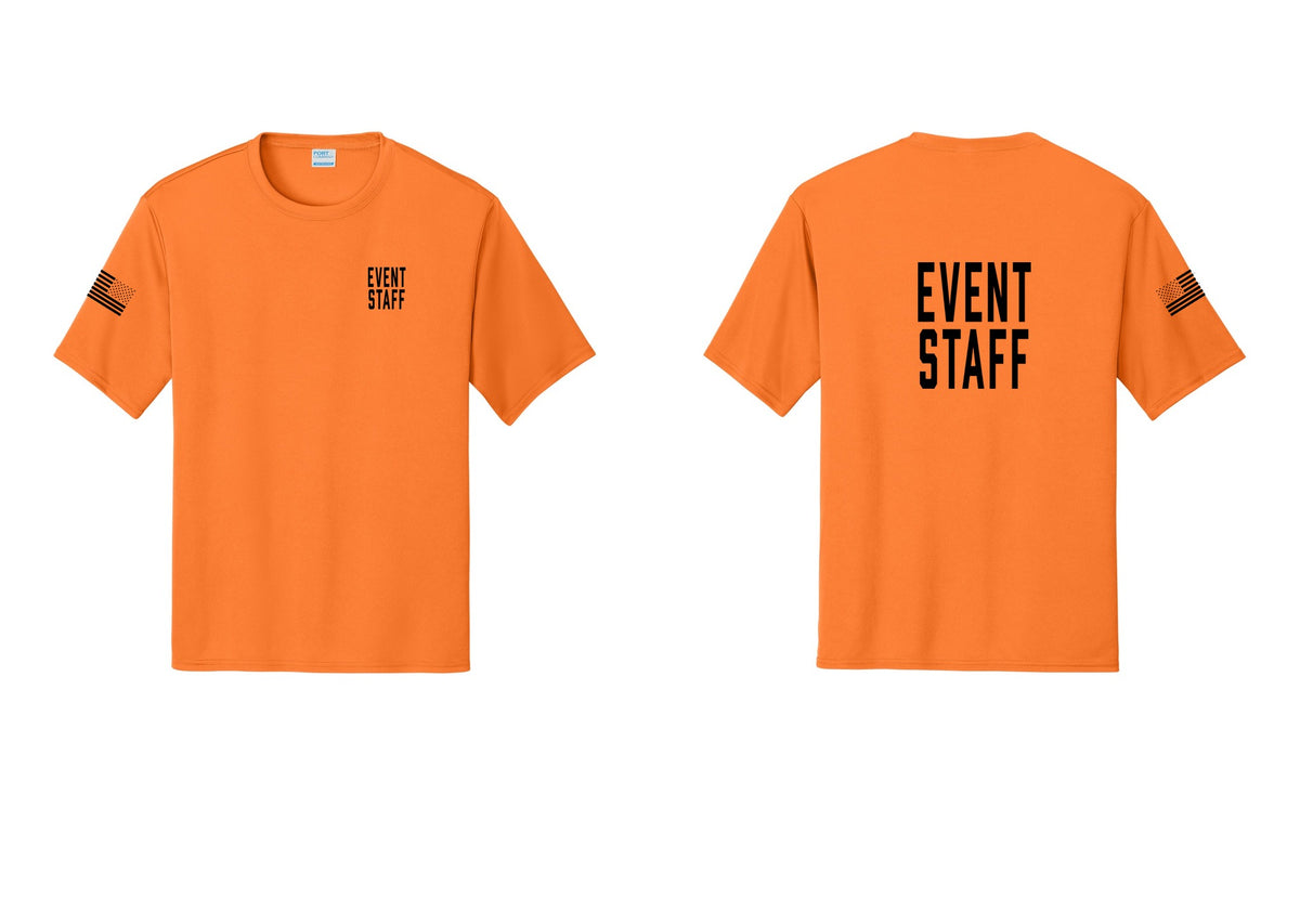 NYC Factory Event Staff Performance T-Shirt (Classic) - Chest + Back + US Flag Sleeve - Neon Orange