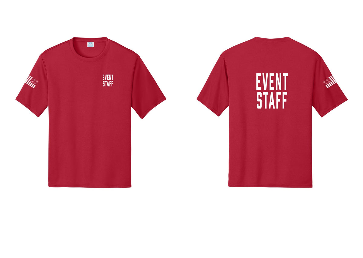 NYC Factory Event Staff Performance T-Shirt (Classic) - Chest + Back + US Flag Sleeve - Red