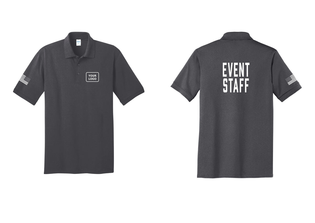 NYC Factory Custom Logo Event Staff Polo Shirt (Classic) - Your Logo + Back + US Flag Sleeve - Charcoal