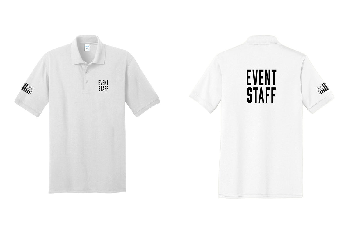 NYC Factory Event Staff Polo Shirt (Classic) - Chest + Back + US Flag Sleeve - White