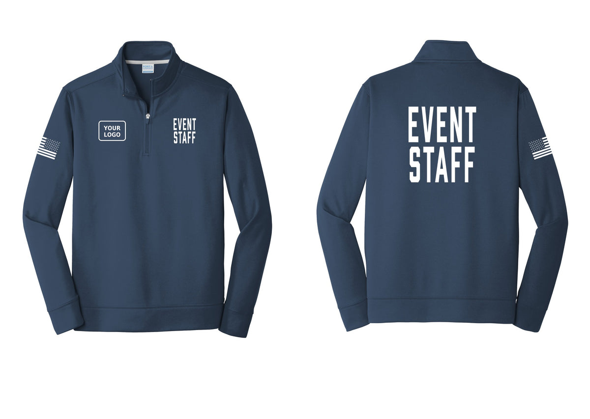 NYC Factory Custom Logo Event Staff Performance Fleece 1/4-Zip Pullover Sweatshirt (Classic) - EVENT STAFF + Your Logo + Back + US Flag Sleeve - Navy