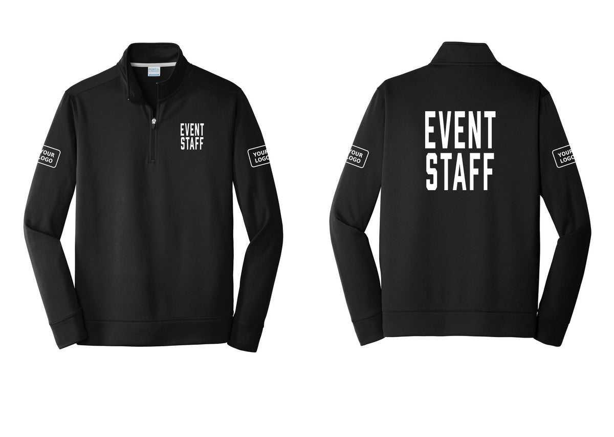 NYC Factory Custom Logo Event Staff Performance Fleece 1/4-Zip Pullover Sweatshirt (Classic) - Chest + Back + Your Logo Sleeves - Black