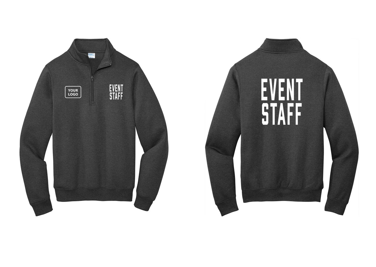 NYC Factory Custom Logo Event Staff Cotton Fleece 1/4-Zip Pullover Sweatshirt (Classic) - EVENT STAFF + Your Logo + Back - Dark Heather Grey