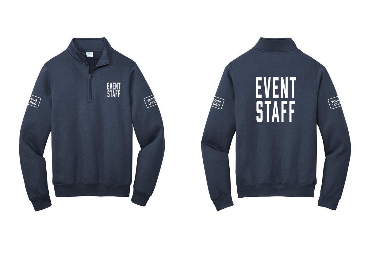 NYC Factory Custom Logo Event Staff Cotton Fleece 1/4-Zip Pullover Sweatshirt (Classic) - Chest + Back + Your Logo Sleeves - Navy