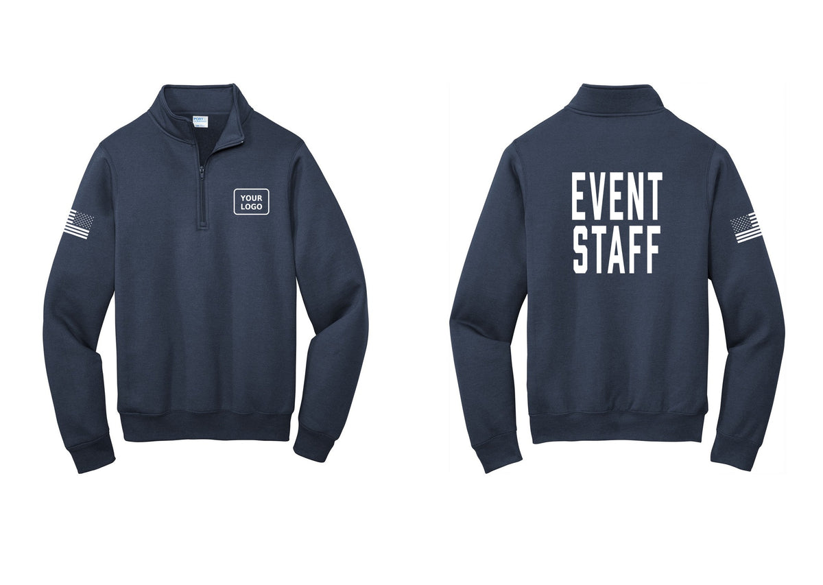 NYC Factory Custom Logo Event Staff Cotton Fleece 1/4-Zip Pullover Sweatshirt (Classic) - Your Logo + Back + US Flag Sleeve - Navy