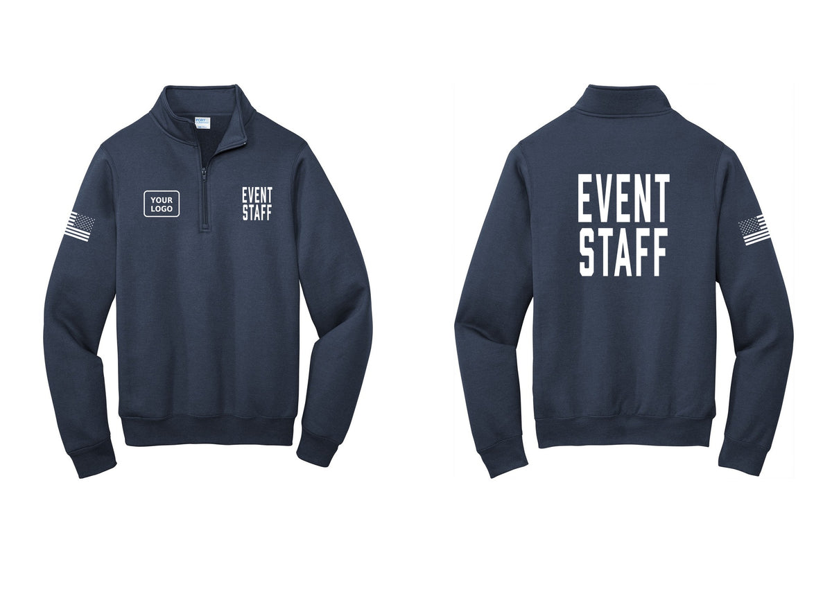 NYC Factory Custom Logo Event Staff Cotton Fleece 1/4-Zip Pullover Sweatshirt (Classic) - EVENT STAFF + Your Logo + Back + US Flag Sleeve - Navy