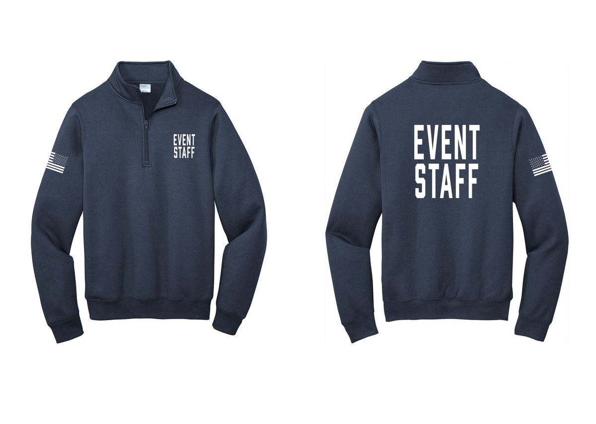 NYC Factory Event Staff Cotton Fleece 1/4-Zip Pullover Sweatshirt (Classic) - Chest + Back + US Flag Sleeve - Navy