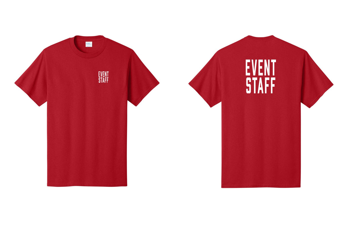NYC Factory Event Staff T-Shirt, Condensed Lettering - Chest + Back - Red