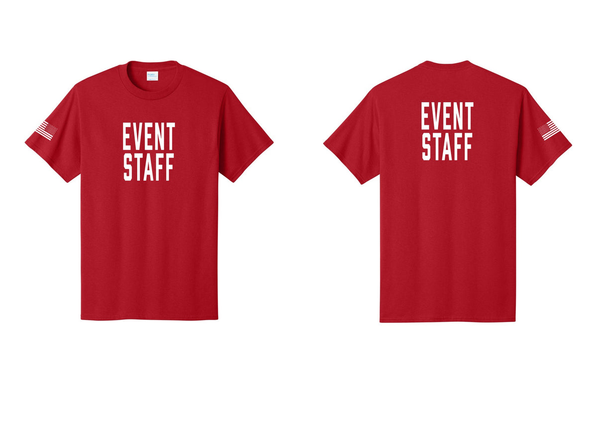 NYC Factory Event Staff T-Shirt, Condensed Lettering - Front + Back + US Flag Sleeve - Red