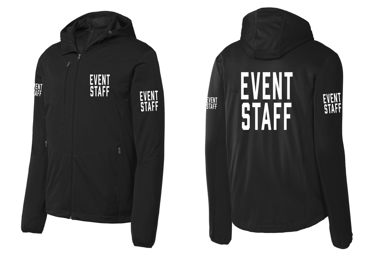 NYC Factory Event Staff Soft Shell Hooded Jacket (Classic) - Chest + Back + Event Staff Sleeves - Deep Black