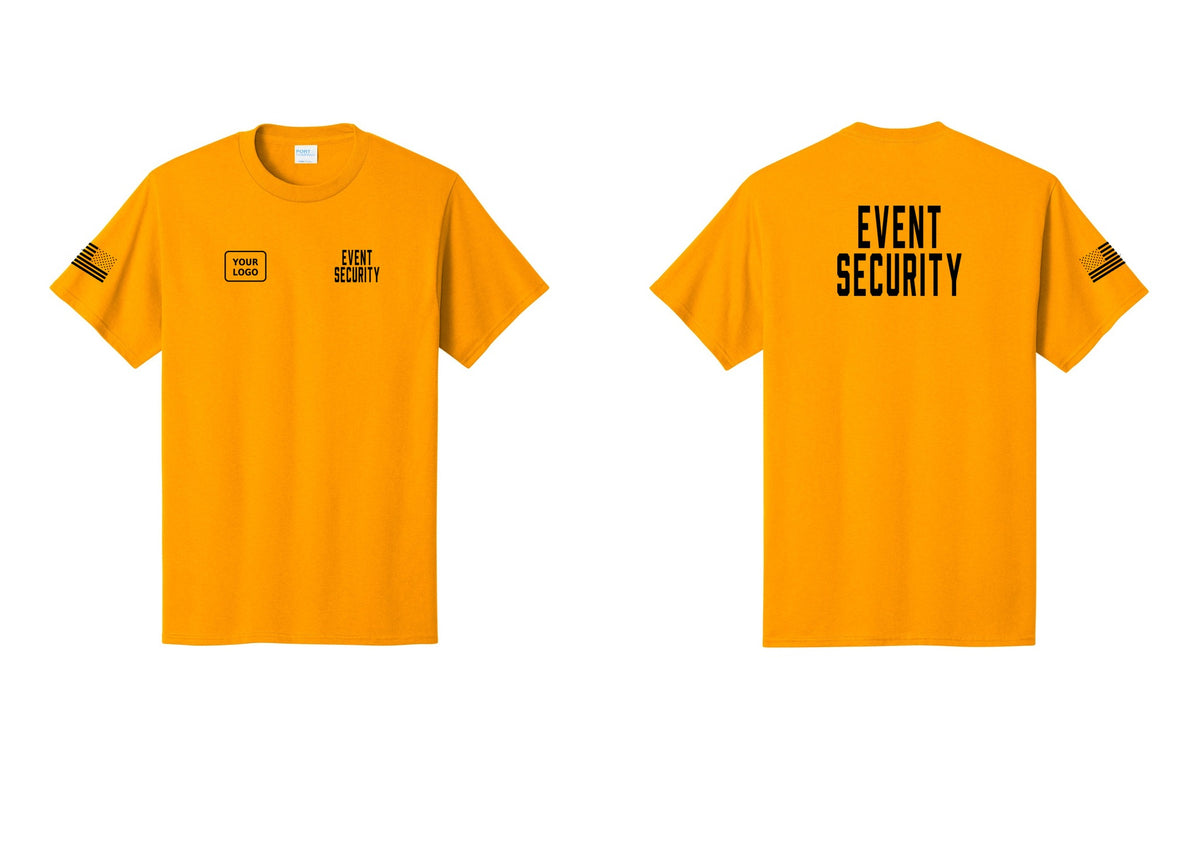 NYC Factory Custom Logo Event Security T-Shirt for Venues & Crowd Management (Classic) - EVENT SECURITY + Your Logo + Back + US Flag Sleeve - Gold