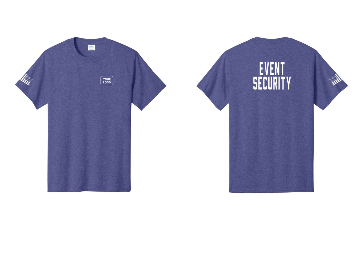 NYC Factory Custom Logo Event Security T-Shirt for Venues & Crowd Management (Classic) - Your Logo + Back + US Flag Sleeve - Heather Purple