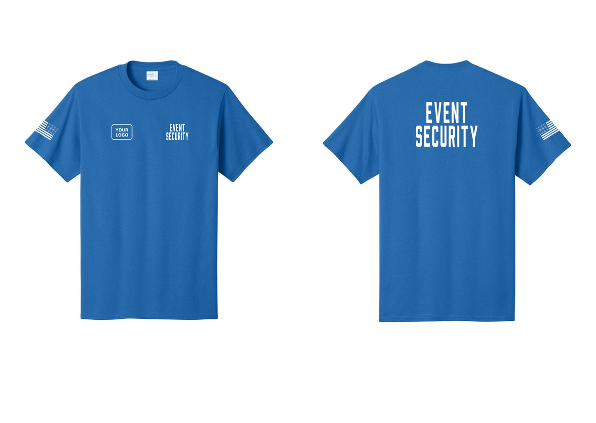 NYC Factory Custom Logo Event Security T-Shirt for Venues & Crowd Management (Classic) - EVENT SECURITY + Your Logo + Back + US Flag Sleeve - Royal