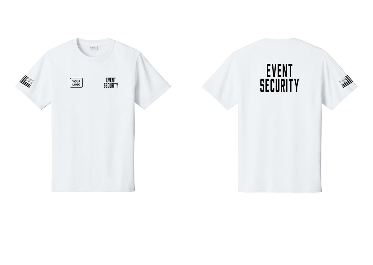 NYC Factory Custom Logo Event Security T-Shirt for Venues & Crowd Management (Classic) - EVENT SECURITY + Your Logo + Back + US Flag Sleeve - White