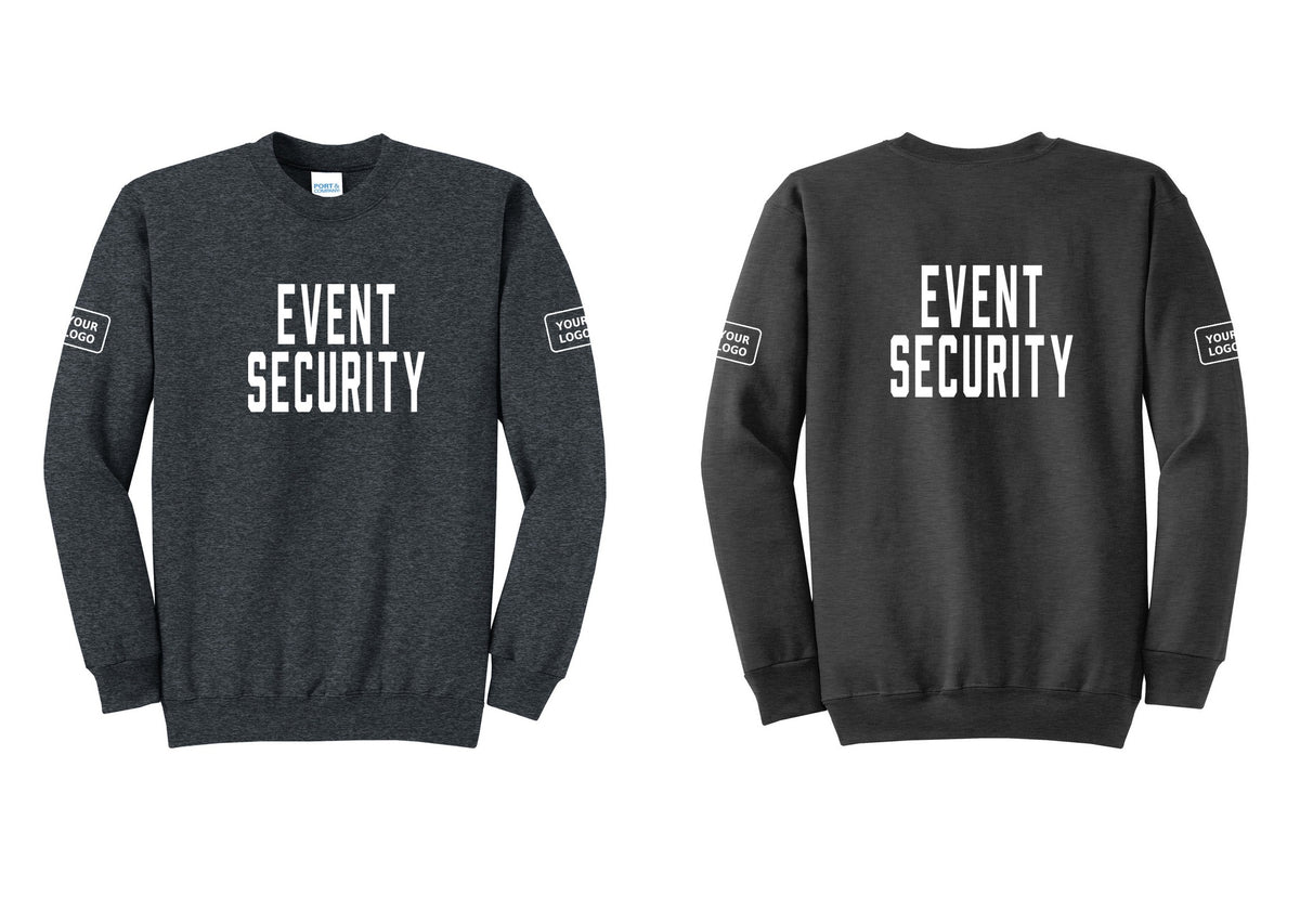 NYC Factory Custom Logo Event Security Cotton Fleece Crewneck Sweatshirt (Classic) - Front + Back + Your Logo Sleeves - Dark Heather Grey