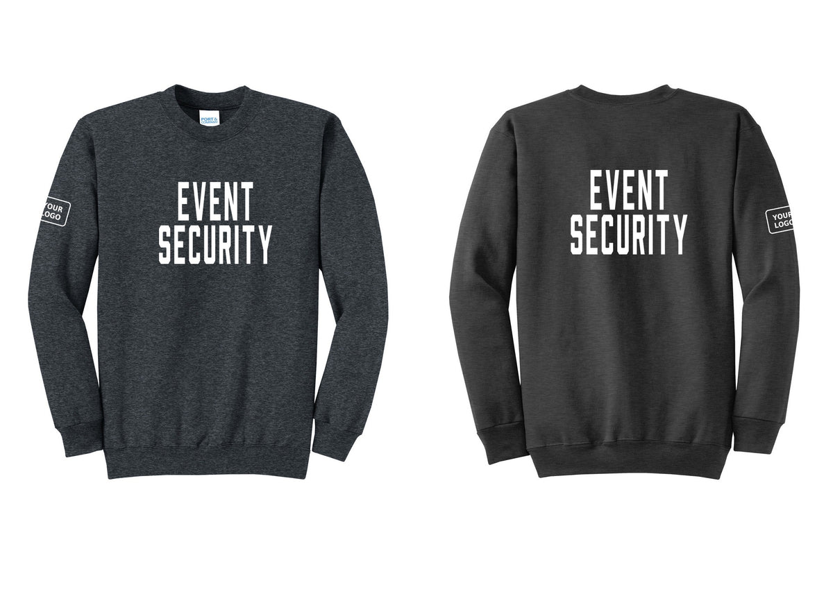 NYC Factory Custom Logo Event Security Cotton Fleece Crewneck Sweatshirt (Classic) - Front + Back + Your Logo Sleeve - Dark Heather Grey
