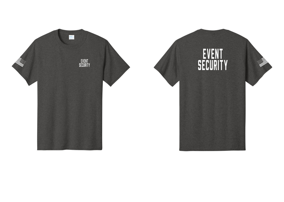 NYC Factory Event Security T-Shirt for Venues & Crowd Management (Classic) - Chest + Back + US Flag Sleeve - Dark Heather Grey