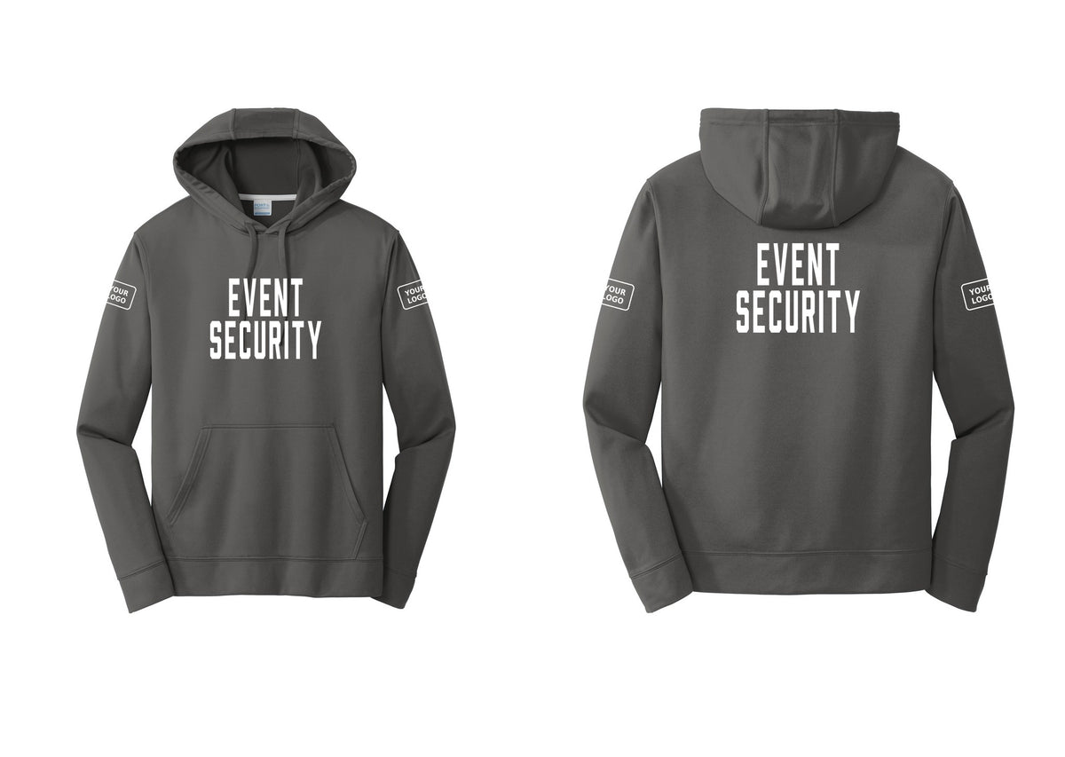 NYC Factory Custom Logo Event Security Performance Hooded Fleece Pullover Sweatshirt (Classic) - Front + Back + Your Logo Sleeves - Charcoal