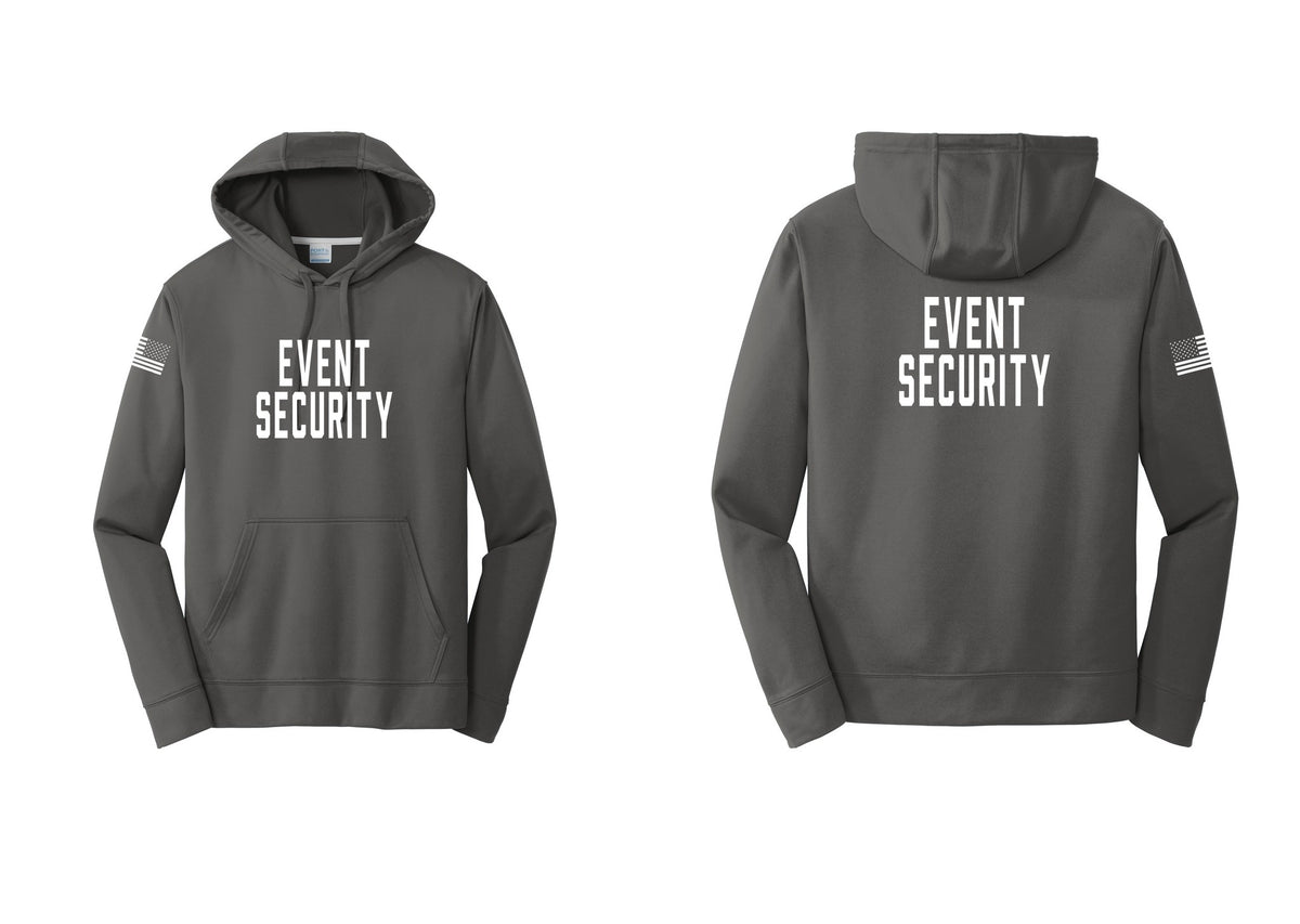 NYC Factory Event Security Performance Hooded Fleece Pullover Sweatshirt (Classic) - Front + Back + US Flag Sleeve - Charcoal