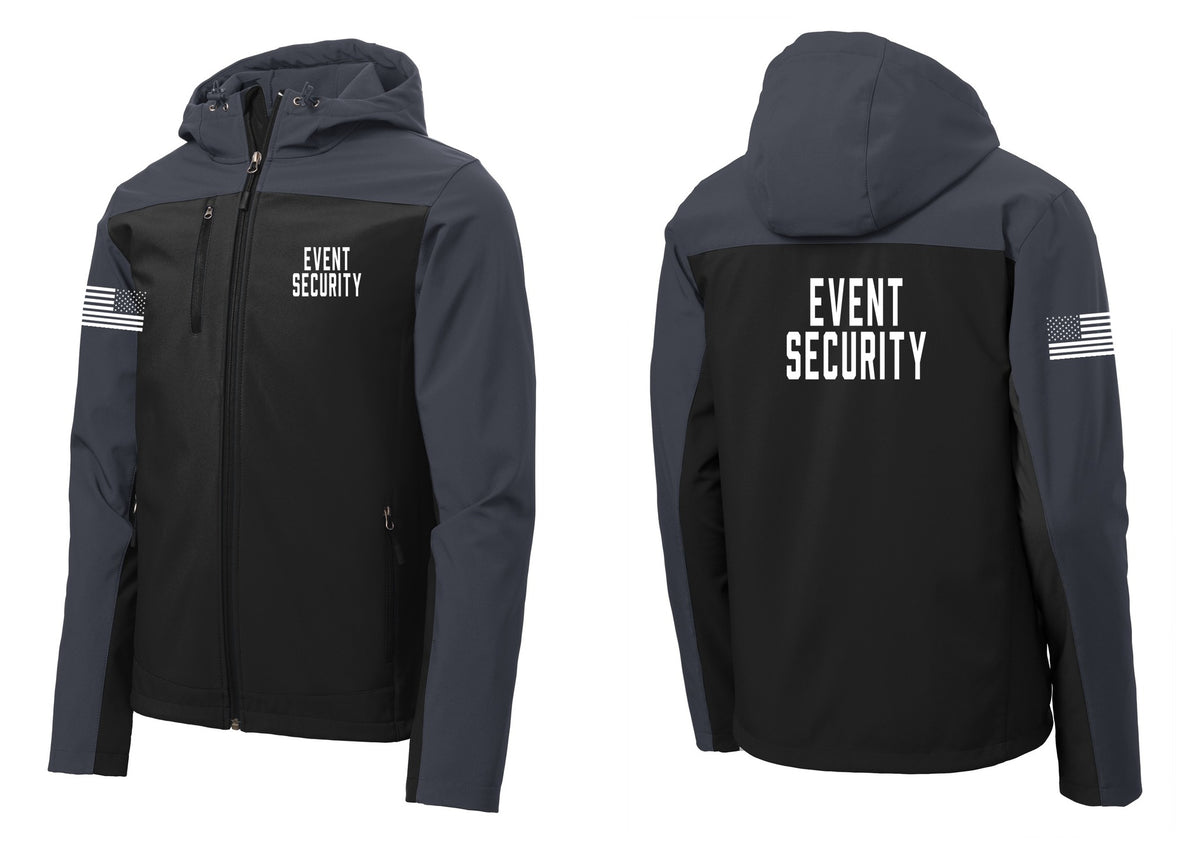 NYC Factory Event Security Hooded Soft Shell Jacket (Classic) - Chest + Back + US Flag Sleeve - Black / Battleship Grey