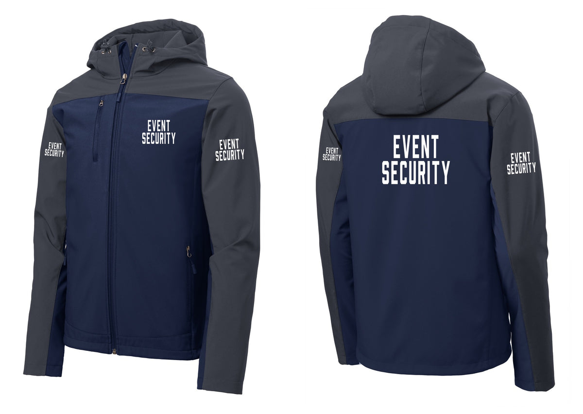 NYC Factory Event Security Hooded Soft Shell Jacket (Classic) - Chest + Back + Event Security Sleeves - Dress Blue Navy / Battleship Grey