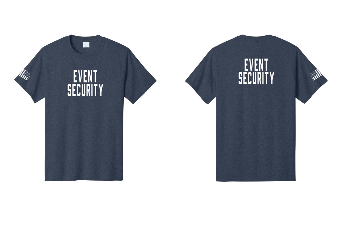NYC Factory Event Security T-Shirt for Venues & Crowd Management (Classic) - Front + Back + US Flag Sleeve - Heather Navy