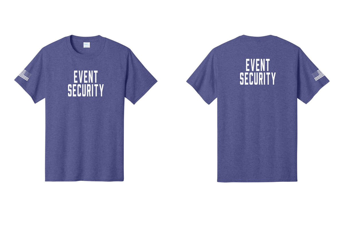 NYC Factory Event Security T-Shirt for Venues & Crowd Management (Classic) - Front + Back + US Flag Sleeve - Heather Purple