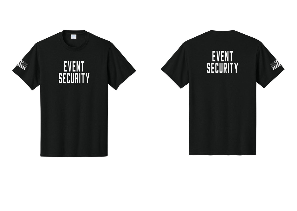 NYC Factory Event Security T-Shirt for Venues & Crowd Management (Classic) - Front + Back + US Flag Sleeve - Black