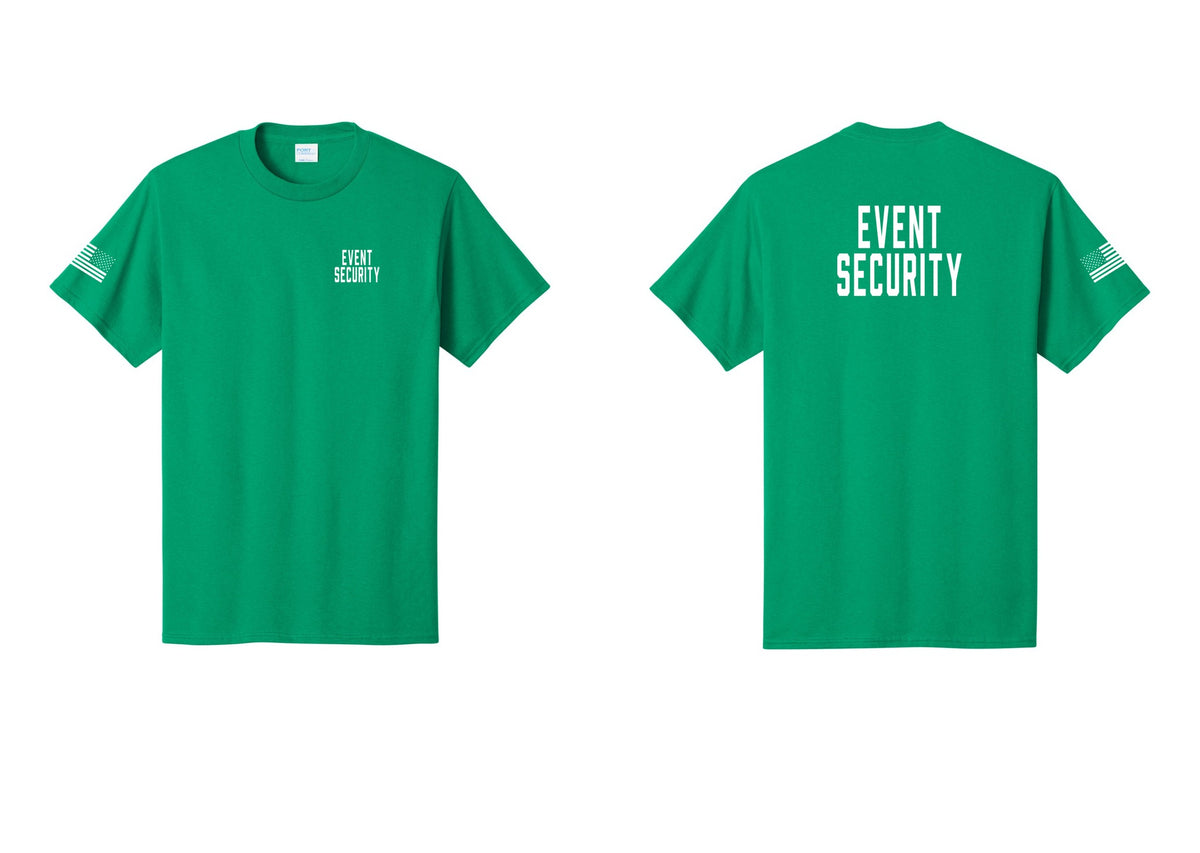 NYC Factory Event Security T-Shirt for Venues & Crowd Management (Classic) - Chest + Back + US Flag Sleeve - Kelly