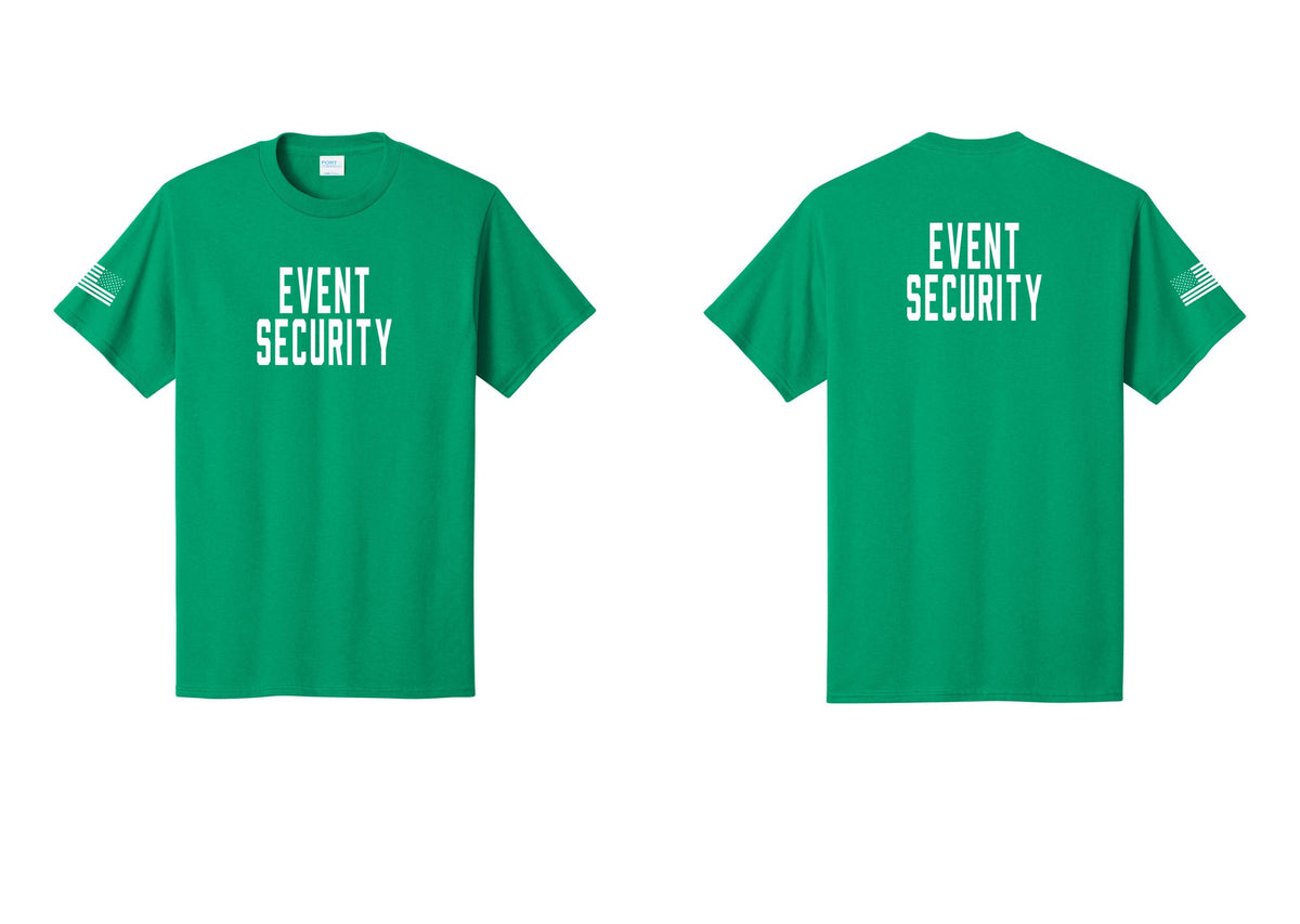 NYC Factory Event Security T-Shirt for Venues & Crowd Management (Classic) - Front + Back + US Flag Sleeve - Kelly