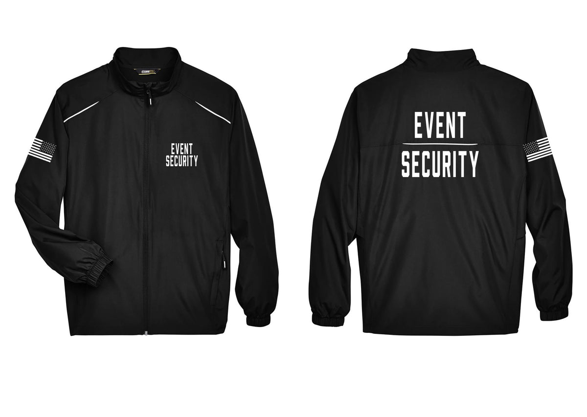 NYC Factory Event Security Reflective Lightweight Jacket (Classic) - Chest + Back + US Flag Sleeve - Black