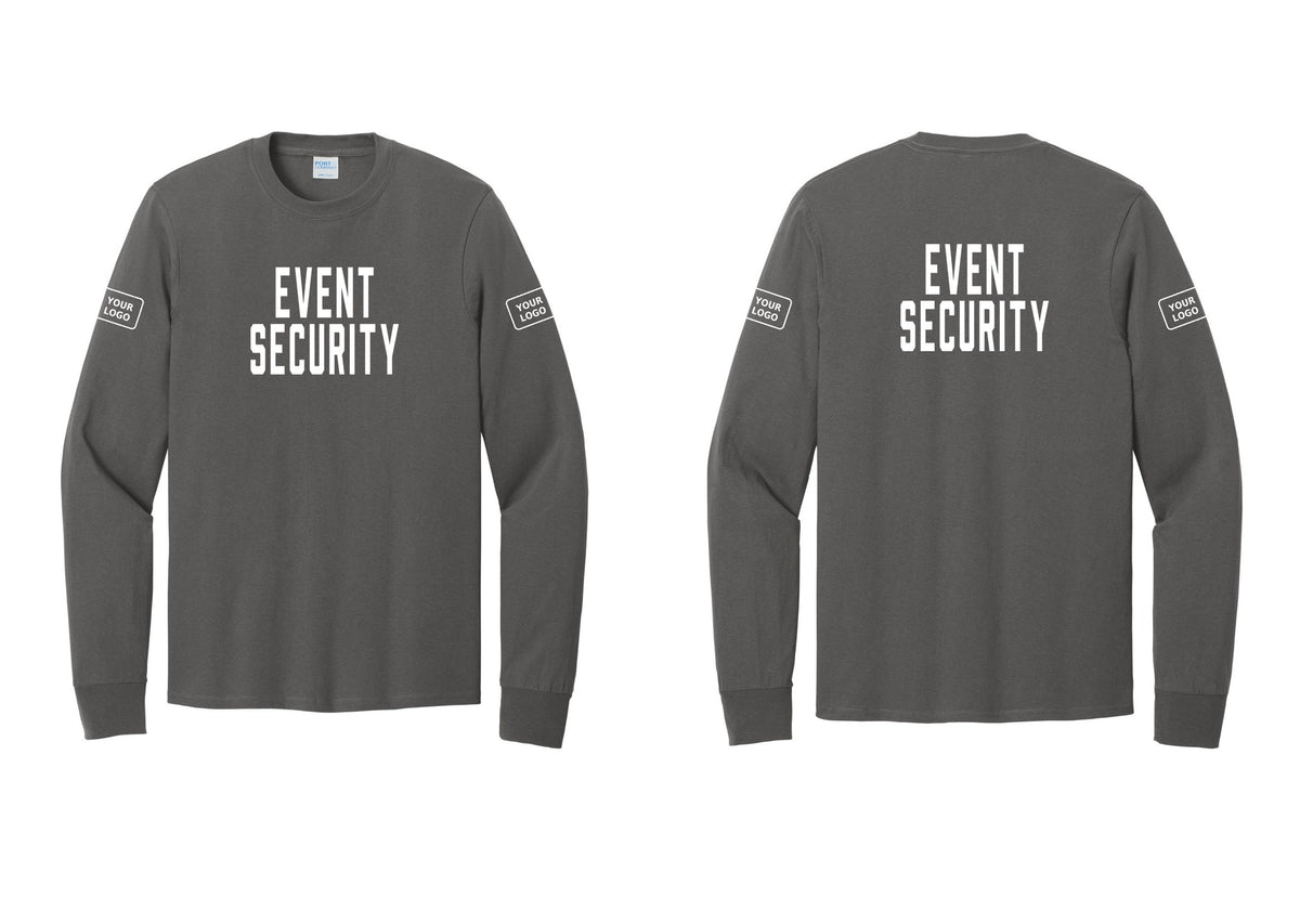 NYC Factory Custom Logo Event Security Cotton Long Sleeve T-Shirt (Classic) - Front + Back + Your Logo Sleeves - Charcoal