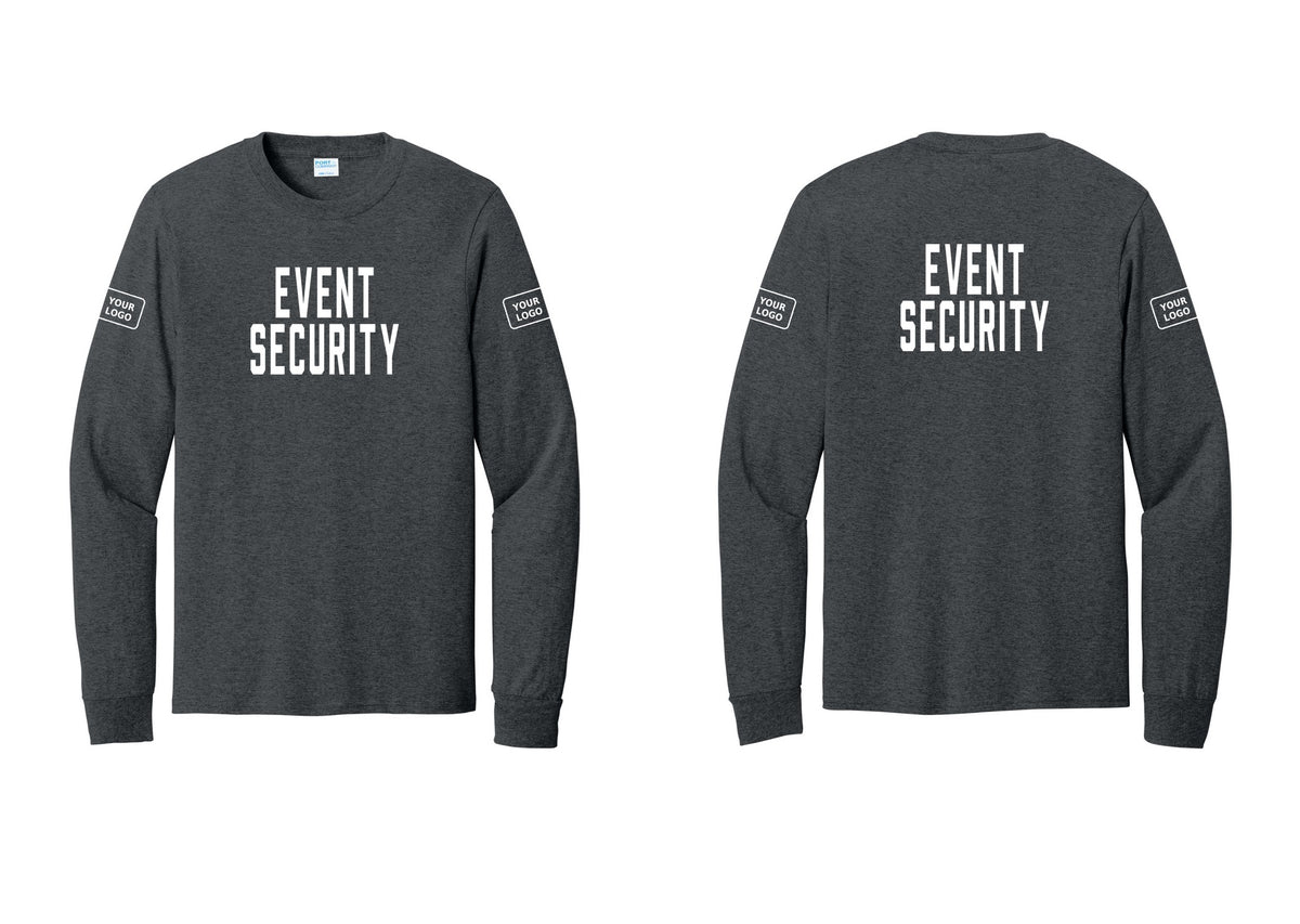 NYC Factory Custom Logo Event Security Cotton Long Sleeve T-Shirt (Classic) - Front + Back + Your Logo Sleeves - Dark Heather Grey